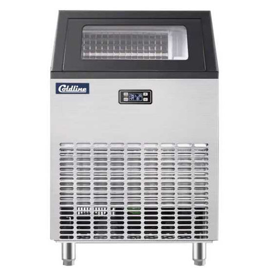 Coldline EIC270 22-inch commercial full cube ice machine with 50 lb. bin, air-cooled. Produces up to 270 lbs. of ice daily, featuring a compact design and convenient ice storage for busy establishments.