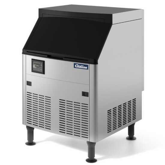 Coldline ICE180 commercial ice machine with an 80-lb bin, designed for high-demand environments like restaurants and bars. It produces up to 180 lbs of half-cube ice daily, ensuring a consistent supply for drinks.