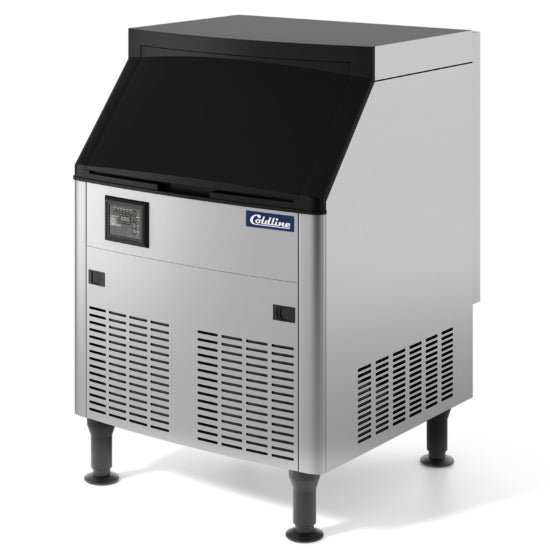 Coldline ICE280 commercial ice machine with an 80-lb bin, ideal for busy restaurants and bars. It produces up to 250 lbs of half-cube ice per day, providing a reliable supply to meet high-volume demand.