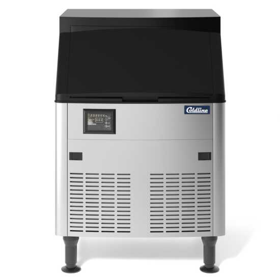 Coldline ICE180 commercial ice machine with an 80-lb bin, designed for high-demand environments like restaurants and bars. It produces up to 180 lbs of half-cube ice daily, ensuring a consistent supply for drinks.