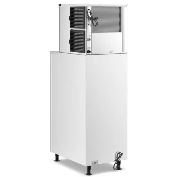 Coldline ICE400-HA-BD150-22 modular half cube ice machine with built-in ice dispensing bin and air-cooled system. Produces up to 400 lbs of ice daily for hotels, restaurants, cafeterias, bars, and commercial kitchens. Designed for reliable high-volume ice production and easy self-service dispensing.