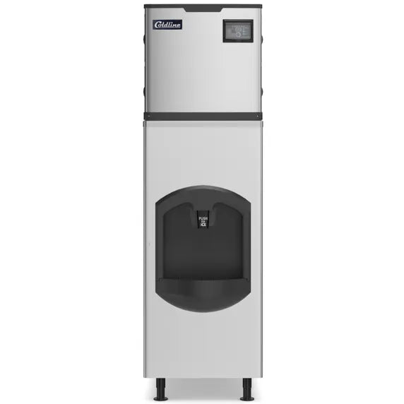 Coldline ICE400-HA-BD150-22 modular half cube ice machine with built-in ice dispensing bin and air-cooled system. Produces up to 400 lbs of ice daily for hotels, restaurants, cafeterias, bars, and commercial kitchens. Designed for reliable high-volume ice production and easy self-service dispensing.