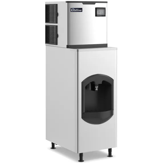 Coldline ICE400-HA-BD150-22 modular half cube ice machine with built-in ice dispensing bin and air-cooled system. Produces up to 400 lbs of ice daily for hotels, restaurants, cafeterias, bars, and commercial kitchens. Designed for reliable high-volume ice production and easy self-service dispensing.