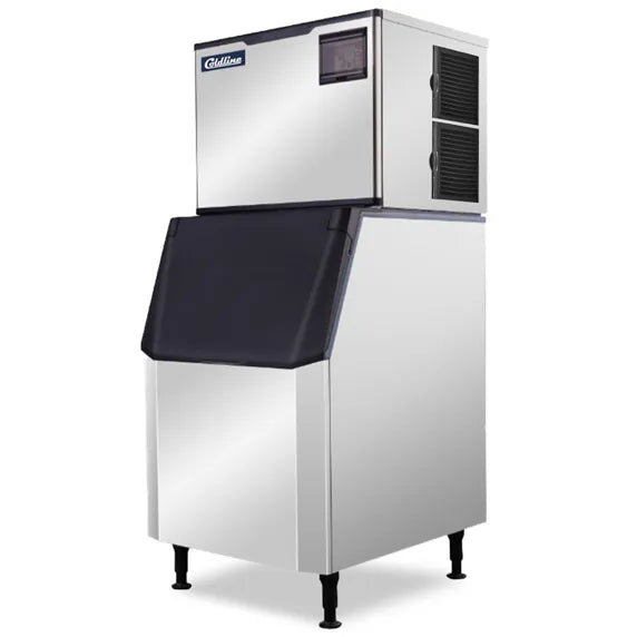 Coldline ICE550M-FA-B445-30 modular full cube ice machine with 445 lb bin and air-cooled system, producing up to 550 lb of ice daily. Durable stainless steel design for restaurants, bars, hotels, and commercial kitchens needing reliable high-capacity ice production.