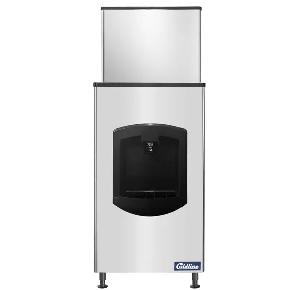 Coldline ICE550-HA-BD250-30 modular half cube ice machine with air-cooled system and ice dispensing bin. Produces up to 550 lbs of ice daily for hotels, restaurants, bars, cafeterias, and commercial kitchens. Built for reliable high-volume ice production and convenient self-service dispensing.