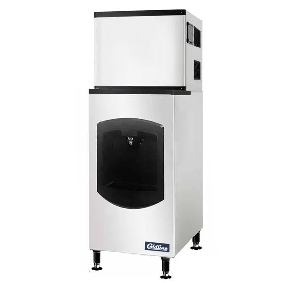 Coldline ICE550-HA-BD250-30 modular half cube ice machine with air-cooled system and ice dispensing bin. Produces up to 550 lbs of ice daily for hotels, restaurants, bars, cafeterias, and commercial kitchens. Built for reliable high-volume ice production and convenient self-service dispensing.