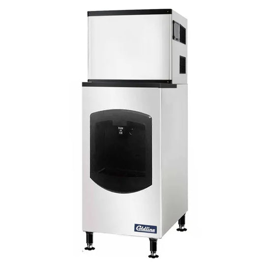 Coldline ICE550-HA-BD250-30 modular half cube ice machine with air-cooled system and ice dispensing bin. Produces up to 550 lbs of ice daily for hotels, restaurants, bars, cafeterias, and commercial kitchens. Built for reliable high-volume ice production and convenient self-service dispensing.