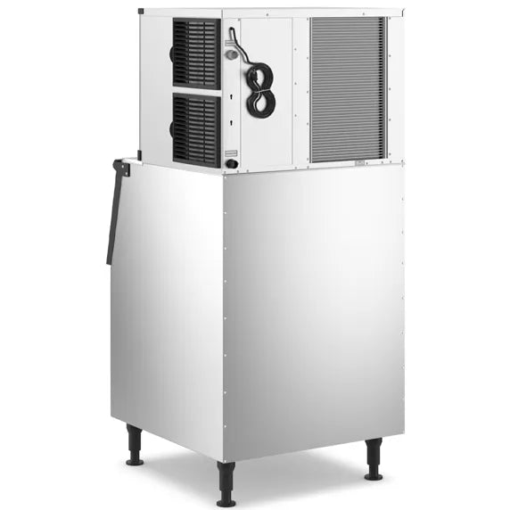 Coldline ICE550M-FA-B375-30 modular full cube ice machine with 375 lb storage bin and air-cooled condenser, producing up to 550 lb of ice per day. Durable stainless steel construction for restaurants, bars, hotels, and commercial kitchens needing high-volume ice production.