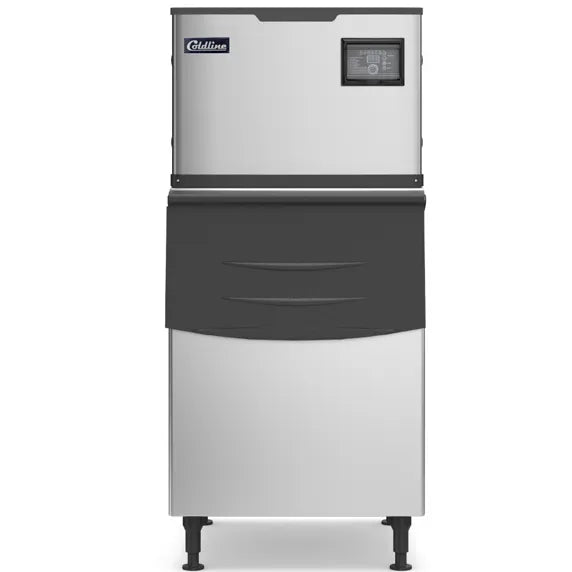 Coldline ICE550M-HA-B375-30 half cube ice machine with 375 lb storage bin and air-cooled condenser, producing up to 550 lb of ice per day. Stainless steel unit for restaurants, bars, hotels, and foodservice kitchens.