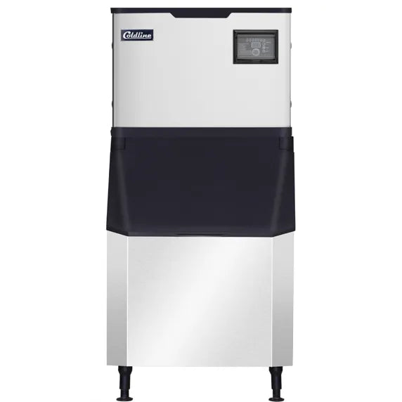Coldline ICE550M-FA-B445-30 modular full cube ice machine with 445 lb bin and air-cooled system, producing up to 550 lb of ice daily. Durable stainless steel design for restaurants, bars, hotels, and commercial kitchens needing reliable high-capacity ice production.