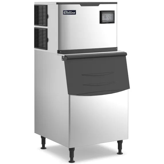 Coldline ICE550M-HA-B375-30 half cube ice machine with 375 lb storage bin and air-cooled condenser, producing up to 550 lb of ice per day. Stainless steel unit for restaurants, bars, hotels, and foodservice kitchens.