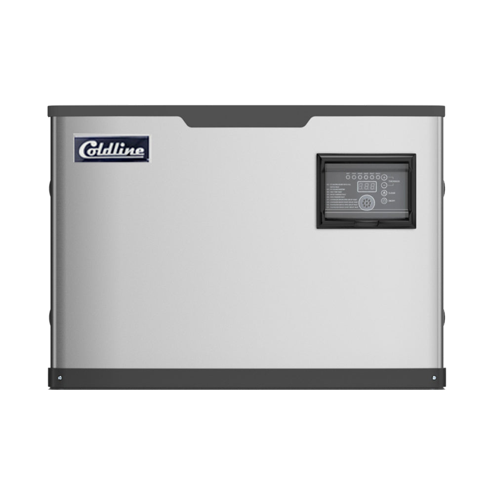 Coldline ICE550T-FA 30-inch modular full cube ice machine, head only, designed for commercial kitchens and bars. It produces up to 550 lbs of full-cube ice daily and is compatible with various storage bins for flexible use.