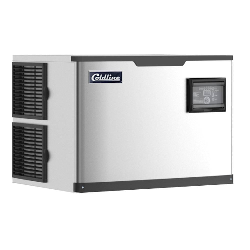 Coldline ICE550T-FA 30-inch modular full cube ice machine, head only, designed for commercial kitchens and bars. It produces up to 550 lbs of full-cube ice daily and is compatible with various storage bins for flexible use.