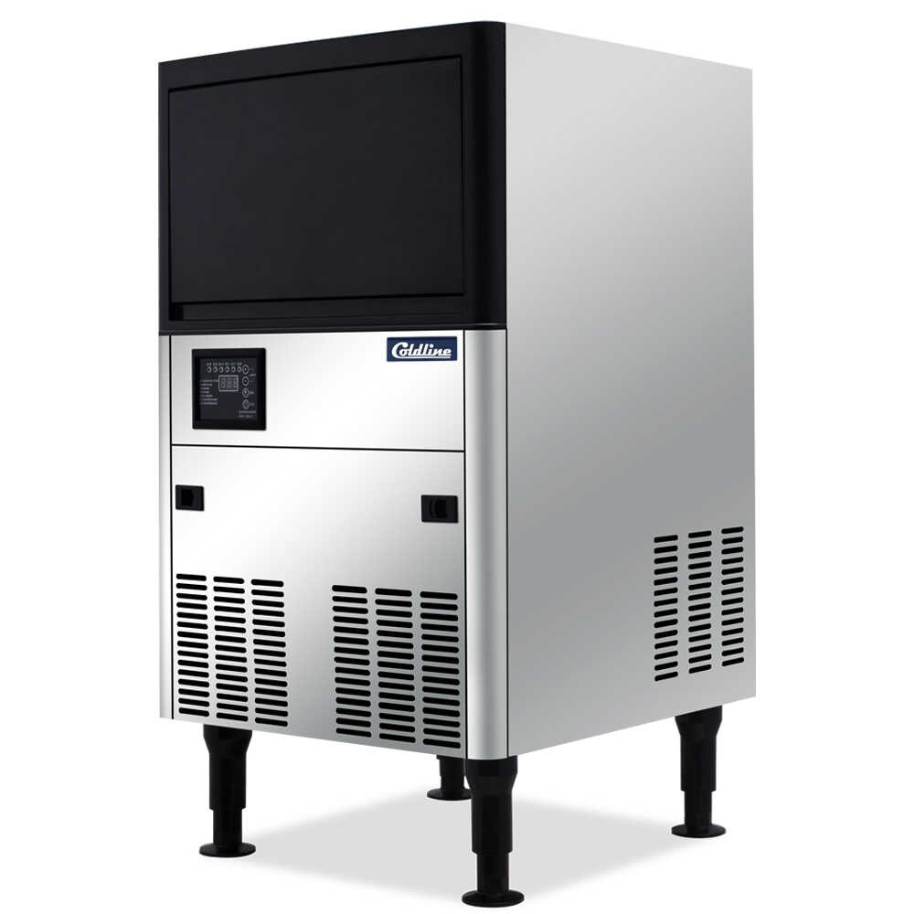 Coldline ICE80 80 lb. undercounter half cube ice machine with 33 lb. bin, air-cooled. Compact and efficient, this unit produces half-cube ice and is ideal for small to medium-sized commercial spaces.