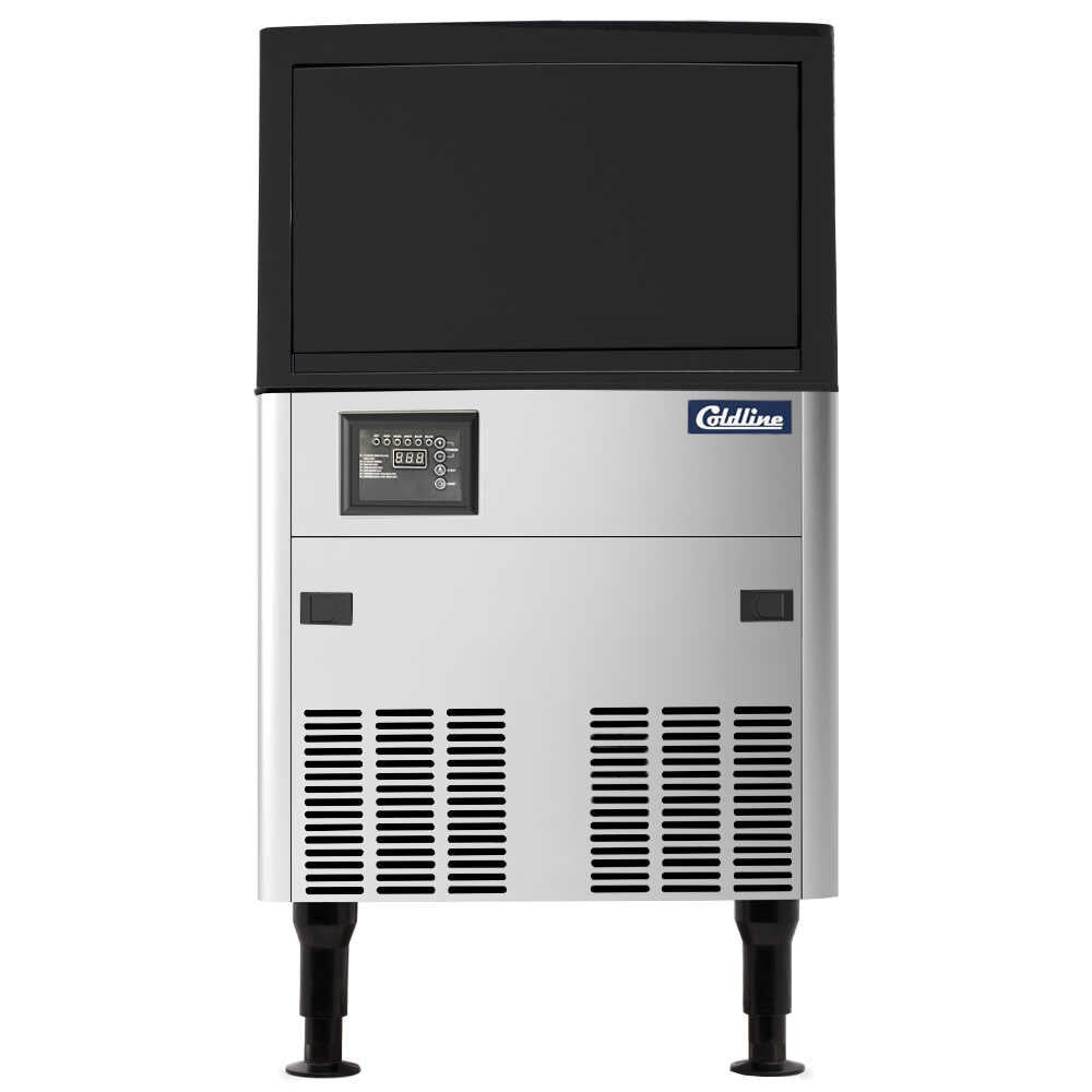 Coldline ICE80 80 lb. undercounter half cube ice machine with 33 lb. bin, air-cooled. Compact and efficient, this unit produces half-cube ice and is ideal for small to medium-sized commercial spaces.