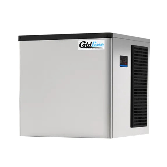 Coldline ICE400T-FA air-cooled modular ice machine head produces 420 lb of full cube ice daily. Stainless steel commercial unit for restaurants, bars, hotels, and cafés. Head only.