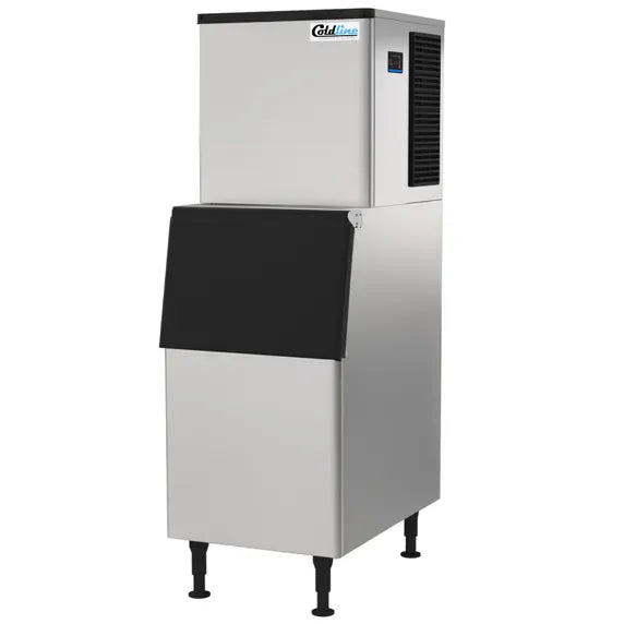 Coldline ICE400M-FA-B275-22 modular full cube ice machine with 275 lb bin delivers up to 420 lb of ice daily. Air-cooled stainless steel commercial ice maker ideal for restaurants, cafés, bars, and hotels. Includes storage bin and digital controls for efficient ice production.