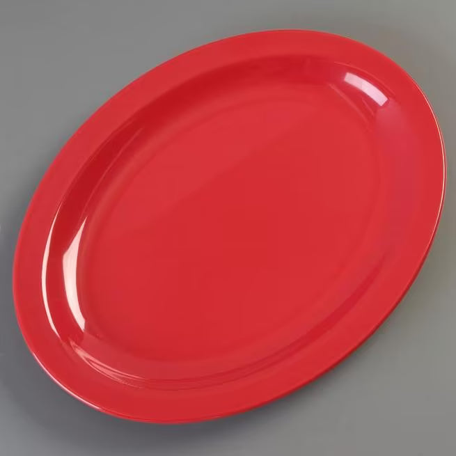 Serve meals with confidence using the KL12705 Red Melamine Oval Platter Tray. This 12 x 9 Inch break resistant platter is ideal for restaurants, catering, buffets, and home dining.