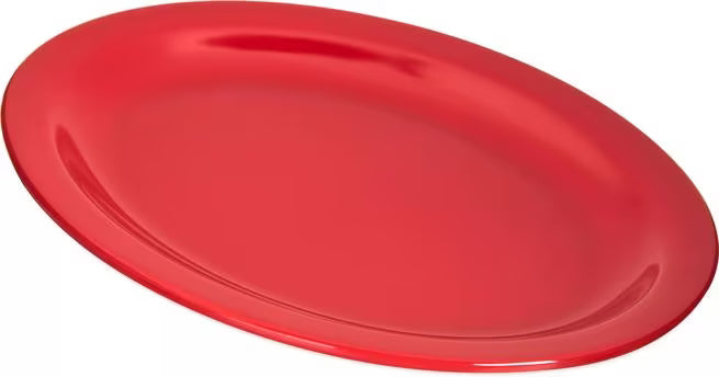 Serve meals with confidence using the KL12705 Red Melamine Oval Platter Tray. This 12 x 9 Inch break resistant platter is ideal for restaurants, catering, buffets, and home dining.
