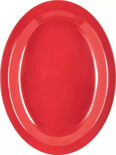 Serve meals with confidence using the KL12705 Red Melamine Oval Platter Tray. This 12 x 9 Inch break resistant platter is ideal for restaurants, catering, buffets, and home dining.