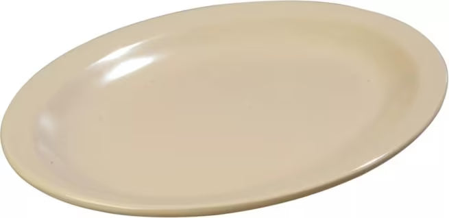 12" x 9" Tan Melamine Oval Platter Tray with break resistant, stain resistant construction. Ideal for restaurants, catering, buffets, and home dining.