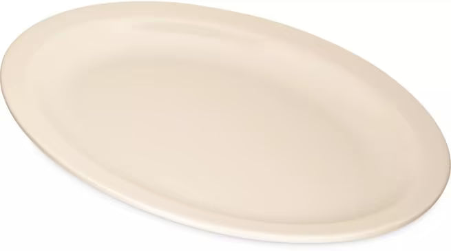 12" x 9" Tan Melamine Oval Platter Tray with break resistant, stain resistant construction. Ideal for restaurants, catering, buffets, and home dining.