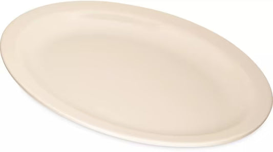 12" x 9" Tan Melamine Oval Platter Tray with break resistant, stain resistant construction. Ideal for restaurants, catering, buffets, and home dining.
