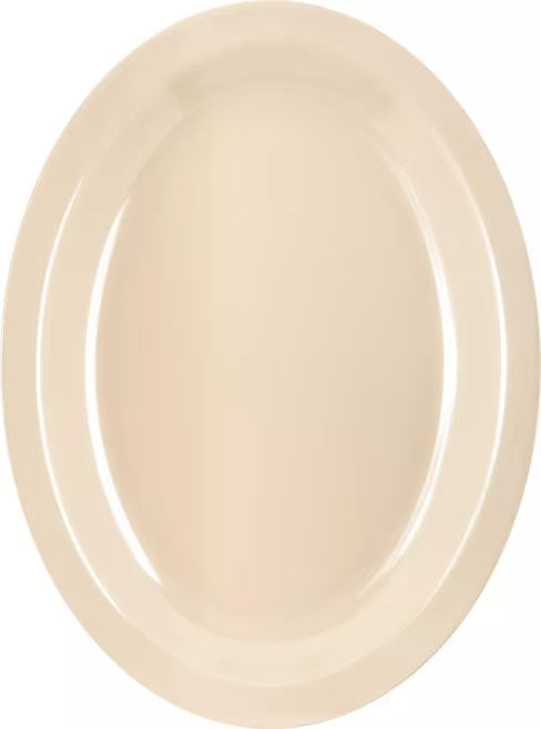 12" x 9" Tan Melamine Oval Platter Tray with break resistant, stain resistant construction. Ideal for restaurants, catering, buffets, and home dining.