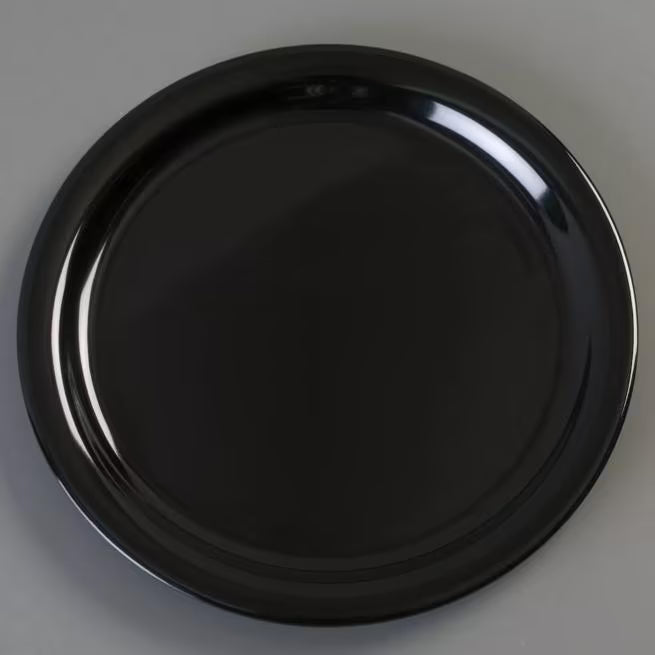 9 Inch Black Melamine Dinner Plate with break resistant, stain resistant construction. Ideal for restaurants, cafeterias, catering, and home dining.