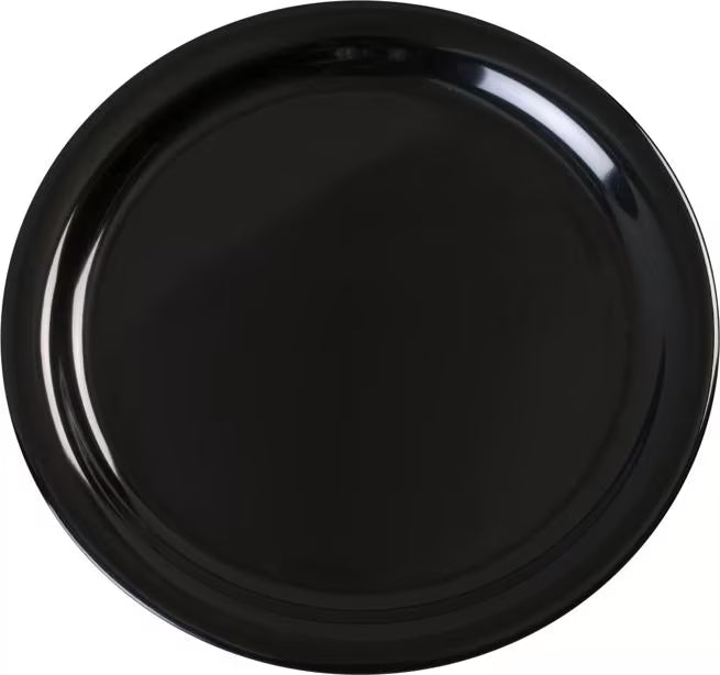 9 Inch Black Melamine Dinner Plate with break resistant, stain resistant construction. Ideal for restaurants, cafeterias, catering, and home dining.