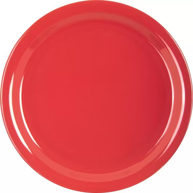 9 Inch Red Melamine Dinner Plate with break resistant, stain resistant construction. Ideal for restaurants, cafeterias, catering, and home dining.