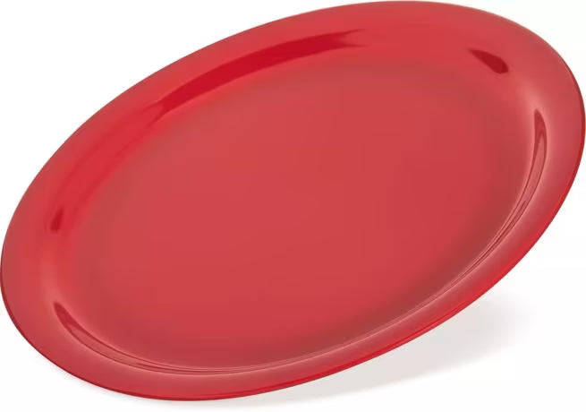 9 Inch Red Melamine Dinner Plate with break resistant, stain resistant construction. Ideal for restaurants, cafeterias, catering, and home dining.