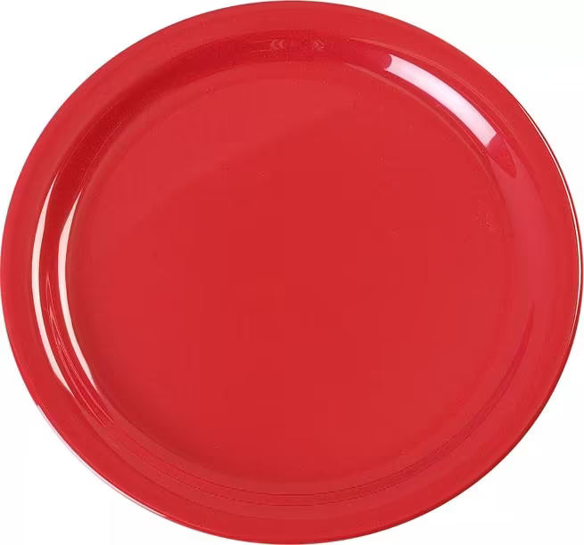 9 Inch Red Melamine Dinner Plate with break resistant, stain resistant construction. Ideal for restaurants, cafeterias, catering, and home dining.