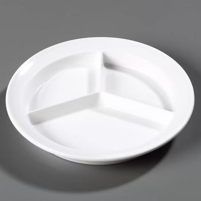 Serve meals with confidence using the KL20302 White Melamine 3 Compartment Deep Plate. This 8.75 Inch break resistant plate is ideal for cafeterias, healthcare facilities, catering services, restaurants, and home dining.