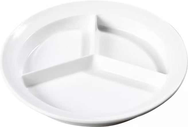 Serve meals with confidence using the KL20302 White Melamine 3 Compartment Deep Plate. This 8.75 Inch break resistant plate is ideal for cafeterias, healthcare facilities, catering services, restaurants, and home dining.