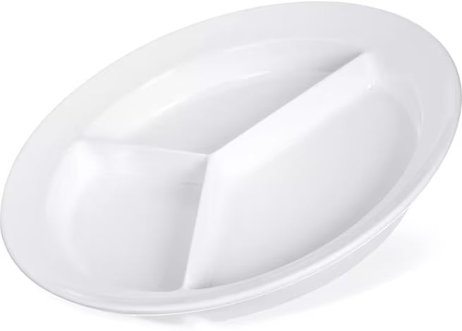Serve meals with confidence using the KL20302 White Melamine 3 Compartment Deep Plate. This 8.75 Inch break resistant plate is ideal for cafeterias, healthcare facilities, catering services, restaurants, and home dining.
