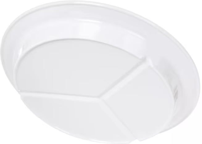 Serve meals with confidence using the KL20302 White Melamine 3 Compartment Deep Plate. This 8.75 Inch break resistant plate is ideal for cafeterias, healthcare facilities, catering services, restaurants, and home dining.