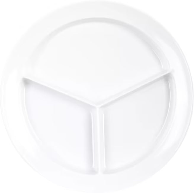 Serve meals with confidence using the KL20302 White Melamine 3 Compartment Deep Plate. This 8.75 Inch break resistant plate is ideal for cafeterias, healthcare facilities, catering services, restaurants, and home dining.