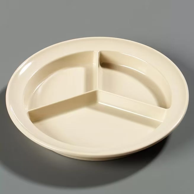 8.75" Tan Melamine 3-Compartment Deep Plate with break-resistant, stain-resistant construction. Ideal for cafeterias, restaurants, catering, and home use.