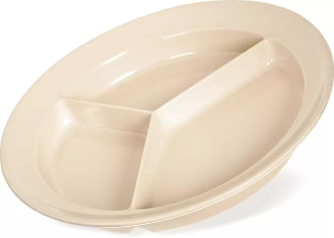 8.75" Tan Melamine 3-Compartment Deep Plate with break-resistant, stain-resistant construction. Ideal for cafeterias, restaurants, catering, and home use.