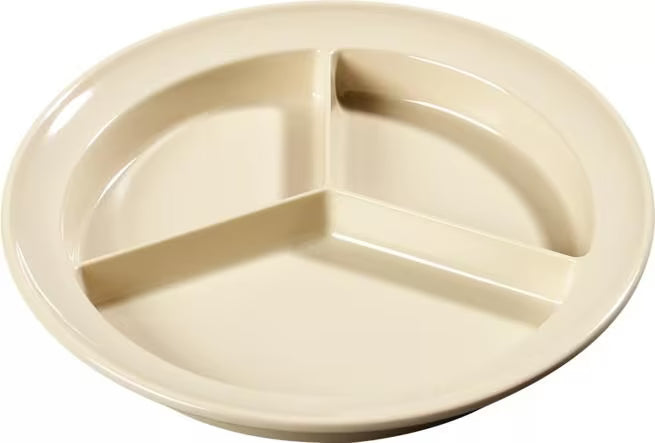 8.75" Tan Melamine 3-Compartment Deep Plate with break-resistant, stain-resistant construction. Ideal for cafeterias, restaurants, catering, and home use.