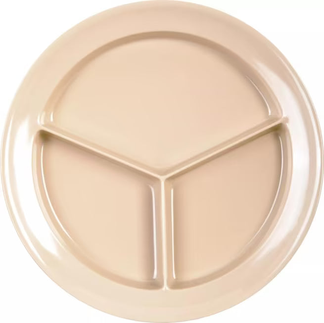 8.75" Tan Melamine 3-Compartment Deep Plate with break-resistant, stain-resistant construction. Ideal for cafeterias, restaurants, catering, and home use.