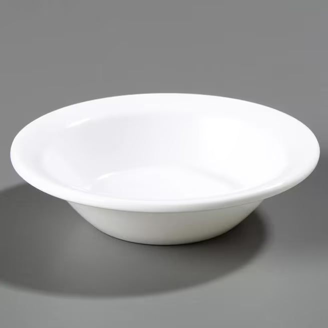 Serve fruit, desserts, and side dishes with confidence using the KL80502 White Melamine Rimmed Fruit Bowl. This 4.75 oz break resistant bowl is ideal for restaurants, cafeterias, catering services, and home dining.
