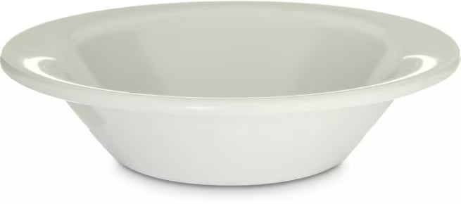 Serve fruit, desserts, and side dishes with confidence using the KL80002 White Melamine Rimmed Fruit Bowl. This 5 oz break resistant bowl is ideal for restaurants, cafeterias, catering services, and home dining.