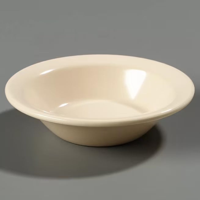 Serve fruit, desserts, and side dishes with confidence using the KL80025 Tan Melamine Rimmed Fruit Bowl. This 5 oz break resistant bowl is ideal for restaurants, cafeterias, catering services, and home dining.