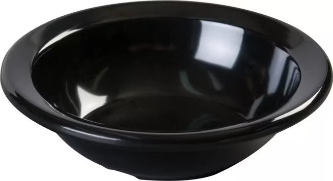 Serve fruit, desserts, and side dishes with confidence using the KL80503 Black Melamine Rimmed Fruit Bowl. This 4.75 oz break resistant bowl is ideal for restaurants, cafeterias, catering services, and home dining.