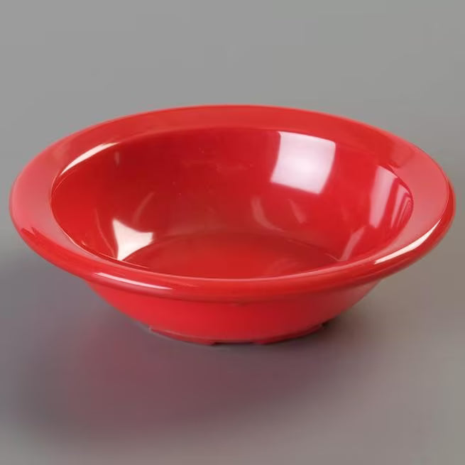 Serve fruit, desserts, and side dishes with confidence using the KL80505 Red Melamine Rimmed Fruit Bowl. This 4.75 oz break resistant bowl is ideal for restaurants, cafeterias, catering services, and home dining.