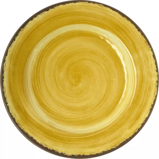 Serve meals with style using the 5400113 Amber Melamine Dinner Plate. This 11 Inch break resistant plate features a rustic pottery inspired design, making it ideal for restaurants, catering, buffets, and home dining.