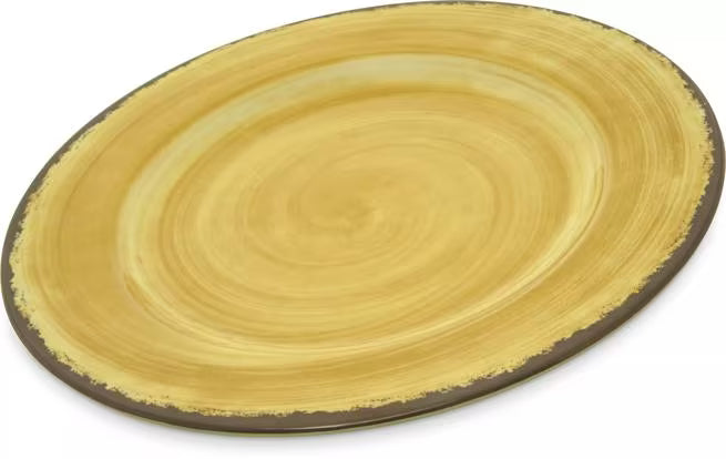 Serve meals in style with the 5400213 Amber Melamine Dinner Plate. This 9 Inch break resistant plate features a rustic pottery inspired design, making it ideal for restaurants, catering, buffets, outdoor dining, and home use.