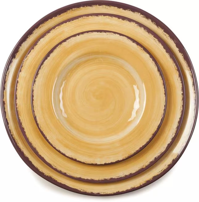 Serve meals with style using the 5400113 Amber Melamine Dinner Plate. This 11 Inch break resistant plate features a rustic pottery inspired design, making it ideal for restaurants, catering, buffets, and home dining.